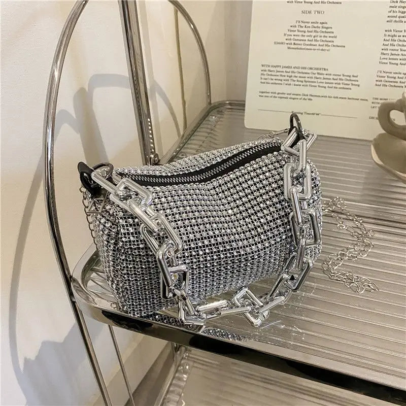 Glitter Rhinestone Bucket Bag - Mini Chain Prom Crossbody Purse