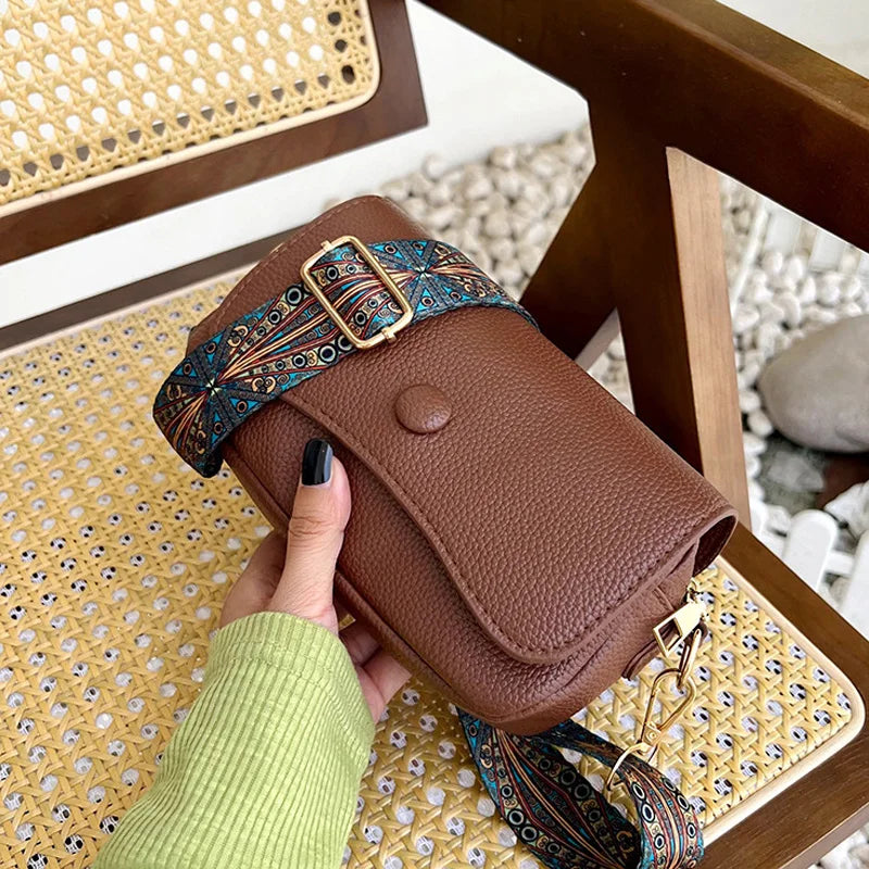 Wide Strap PU Leather Crossbody Bag - Small Flap Shoulder Purse