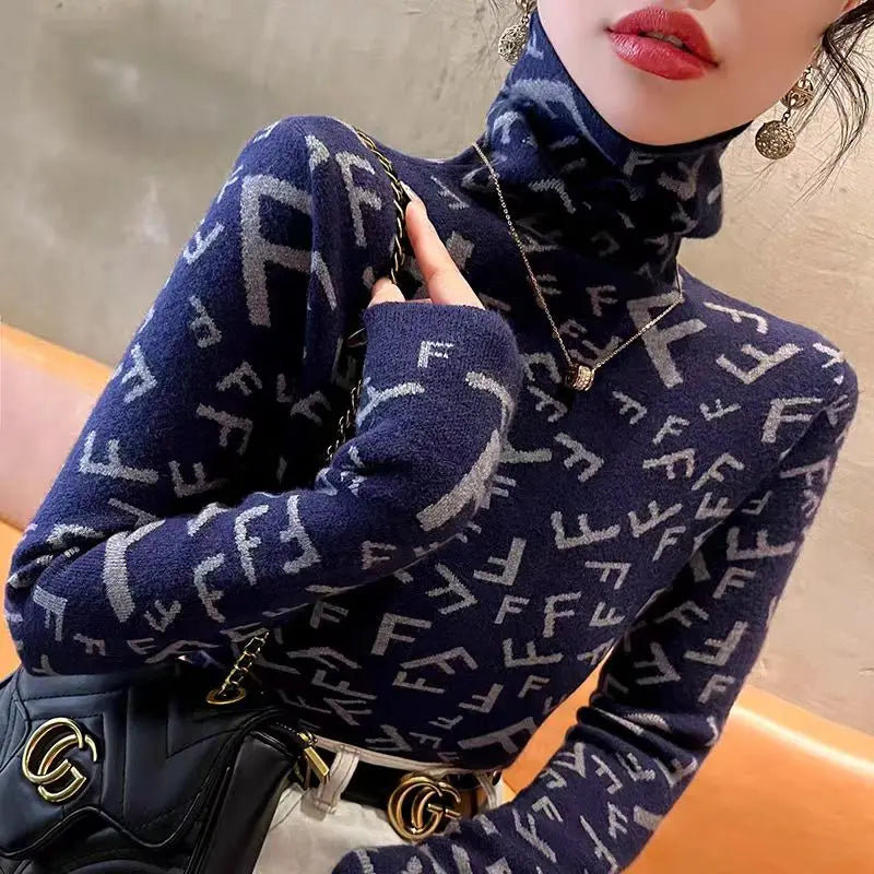 Letter Knit Half High Collar Sweater - Slim Autumn Winter Pullover