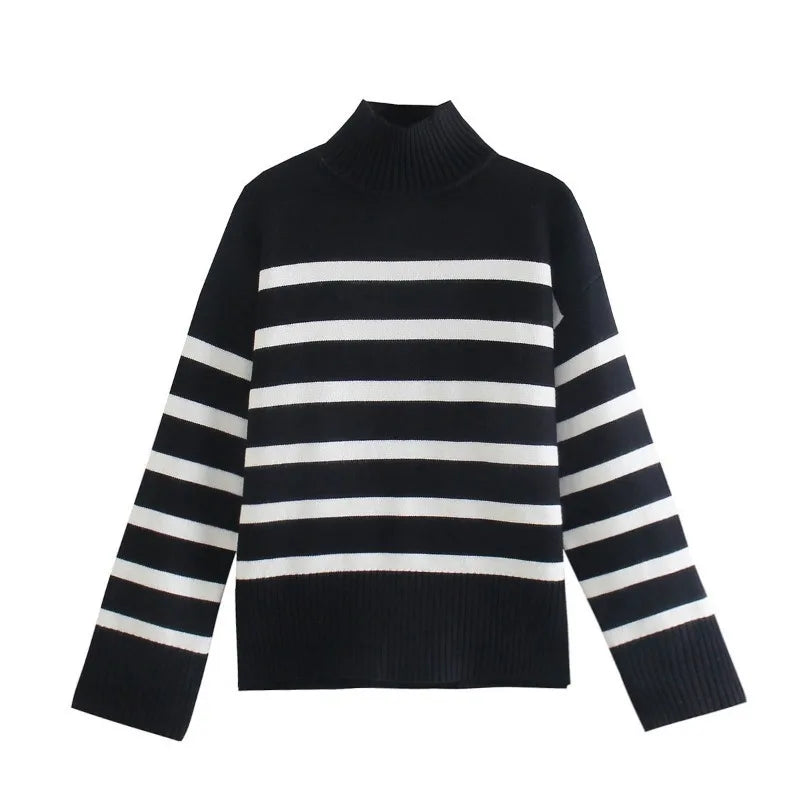 Black White Stripe Turtleneck Sweater - Loose Knit Pullover