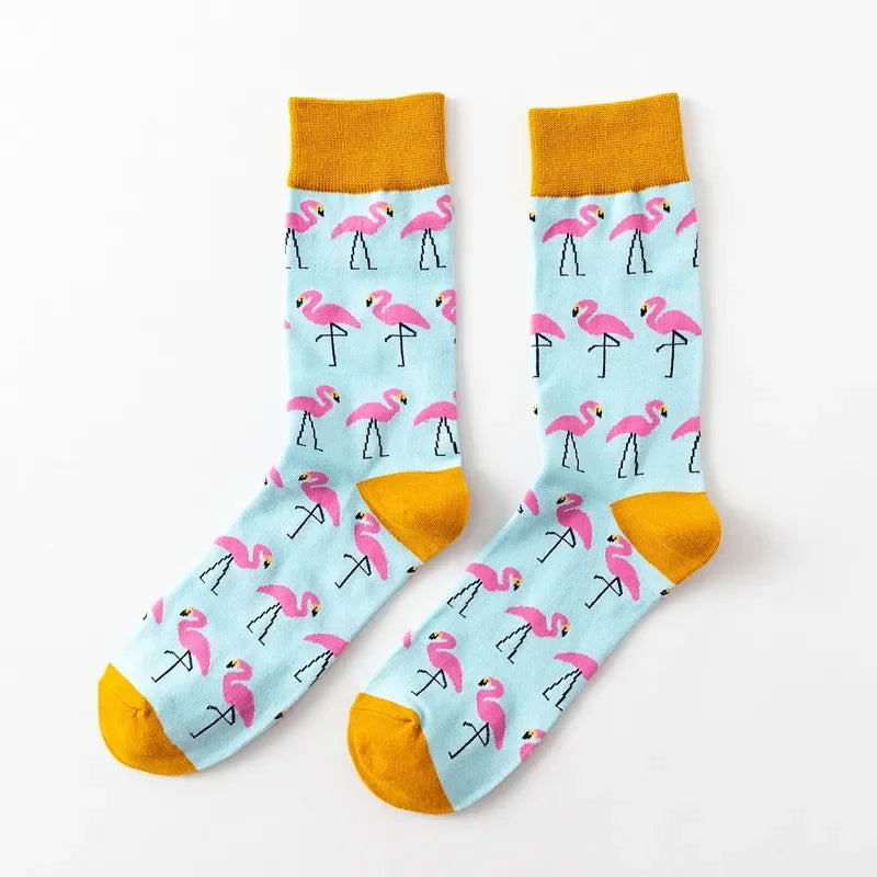 Cartoon Flamingo Cotton Crew Socks - Funny Harajuku Casual Pair