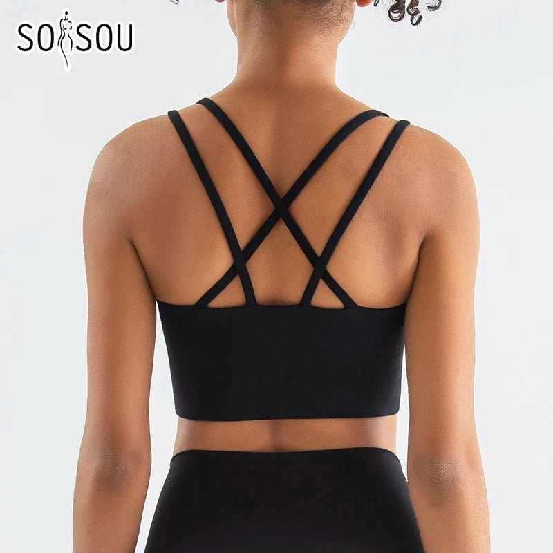 Nylon Cross Back Sports Bra - Elastic Yoga Gym Bralette