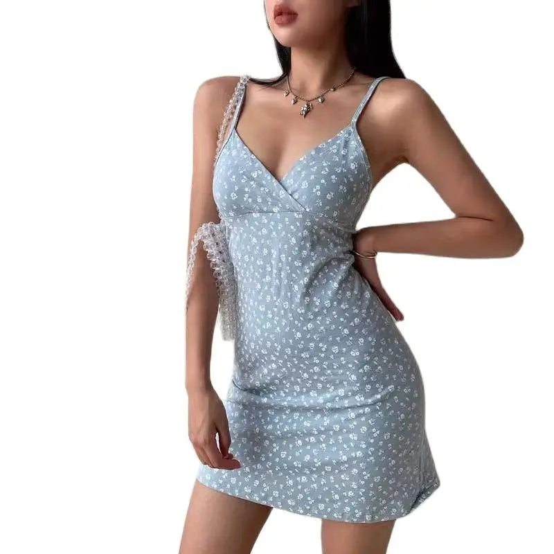 Y2K Floral Cross Cami Mini Dress - Sleeveless V Neck Korean Outfit