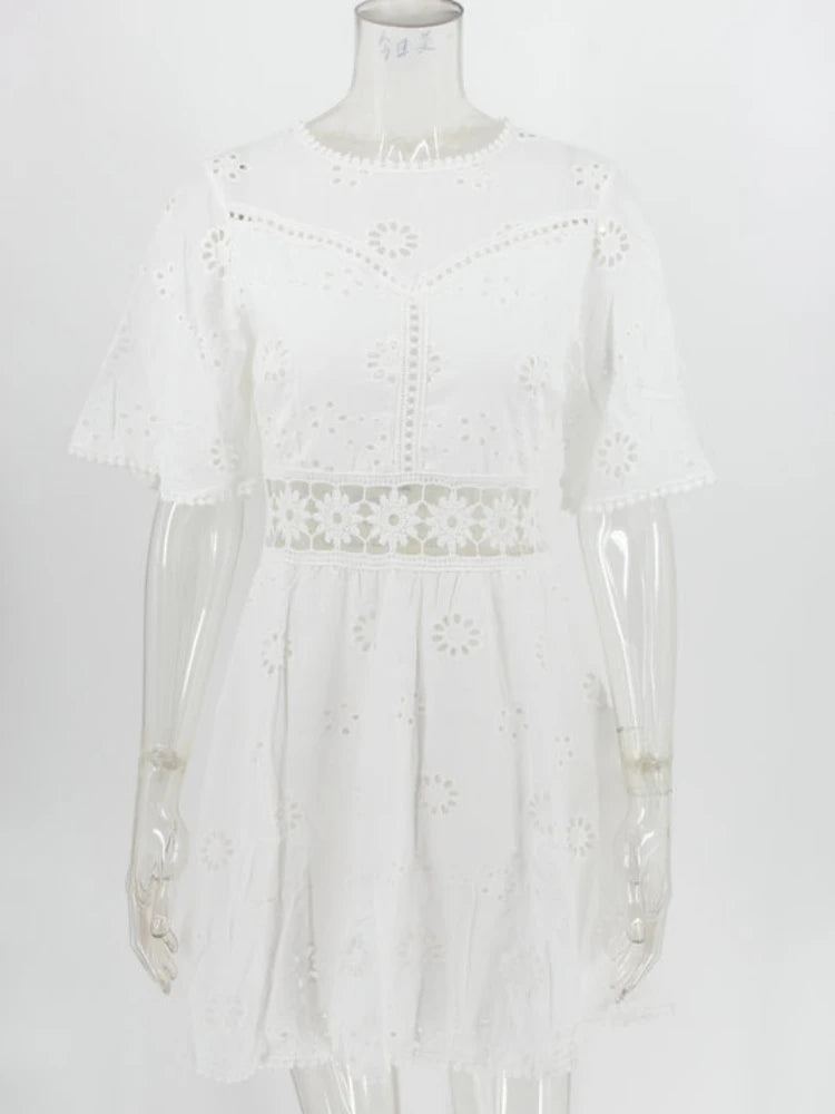 White Embroidered Backless Mini Dress - Hollow Out Cotton Party Outfit