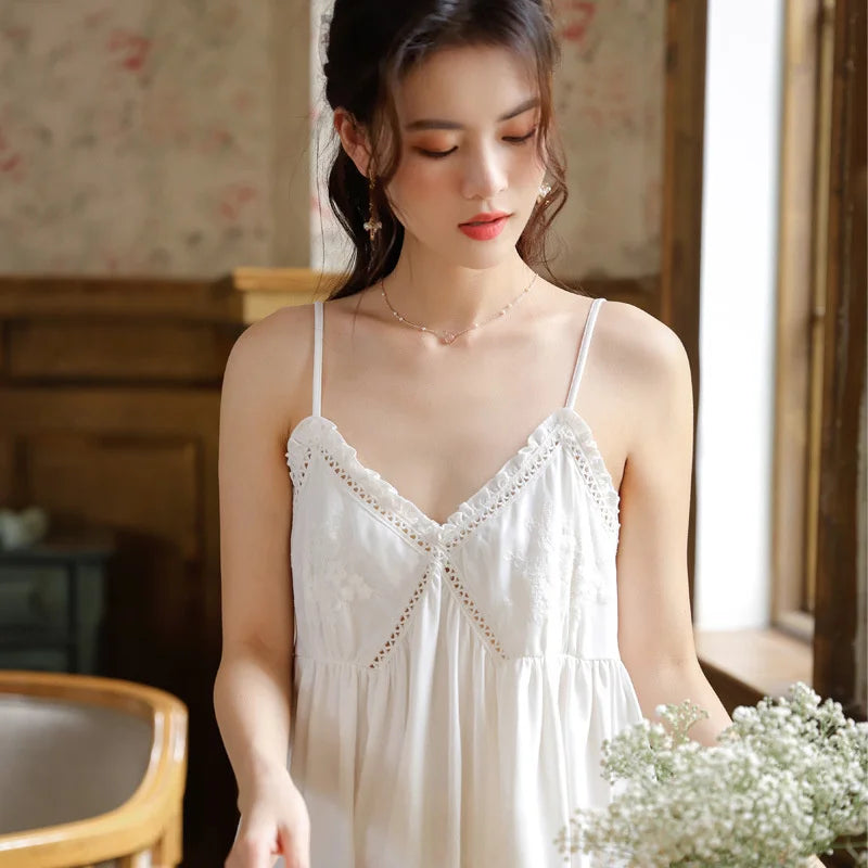 Embroidered Lace Cotton Nightdress - Palace Style Sling Sleepwear