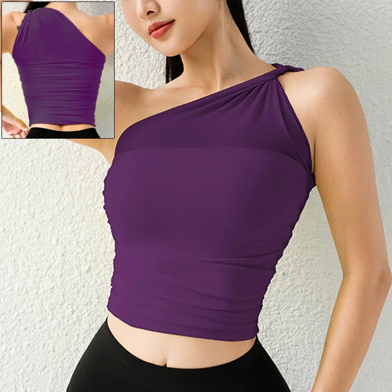 One Shoulder Yoga Sports Bra - Wire Free Push Up Crop Top