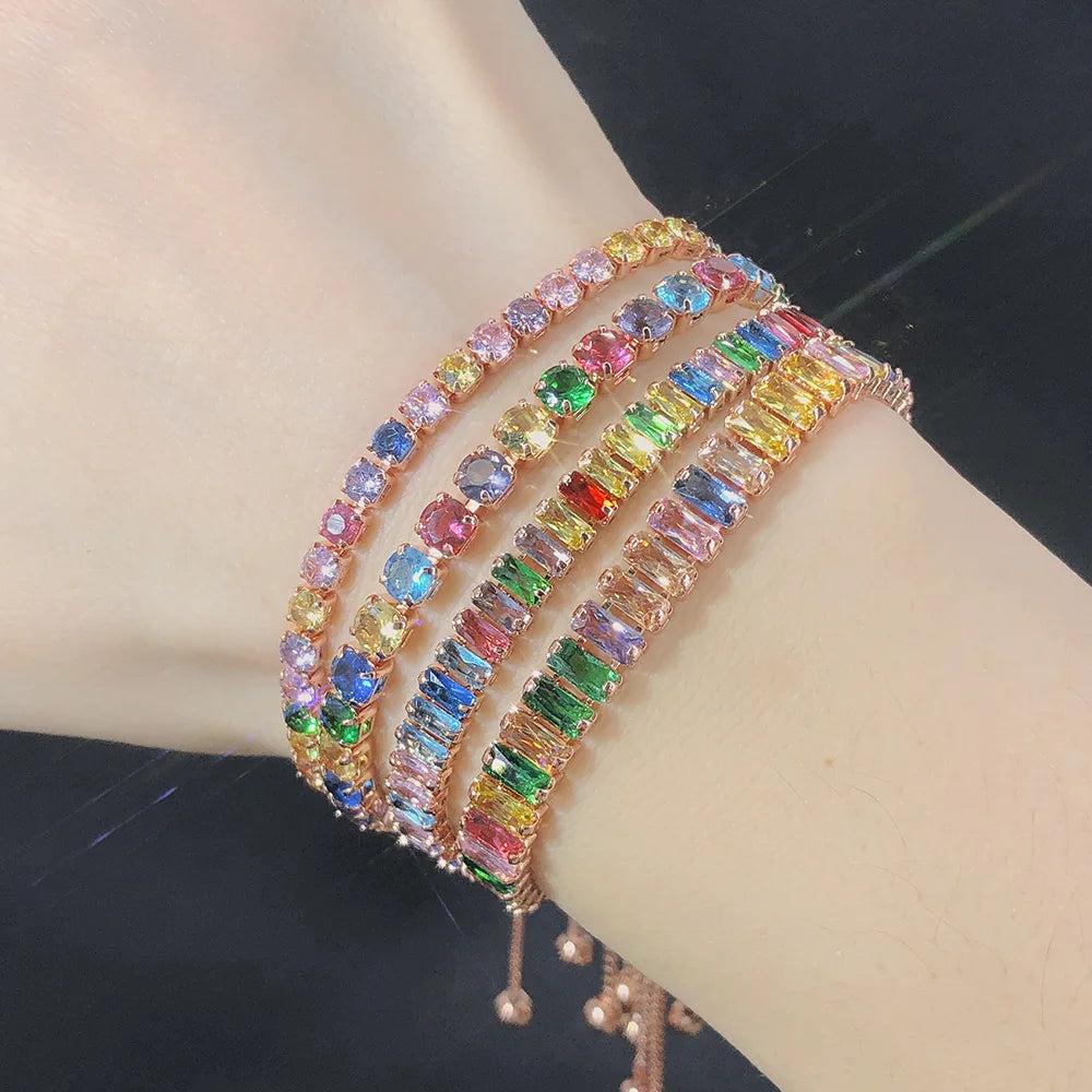 Adjustable Rainbow Zircon Tennis Bracelet - Colorful Wedding Hand Chain