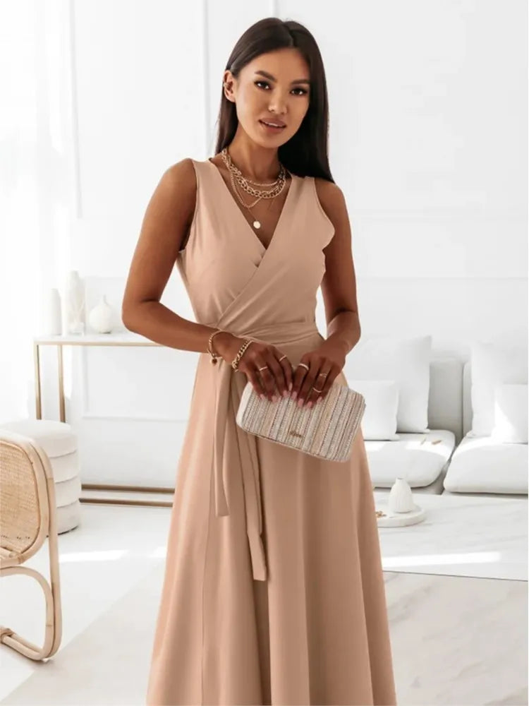 V Neck Lace Up Maxi Dress - Sleeveless Slim Party Outfit