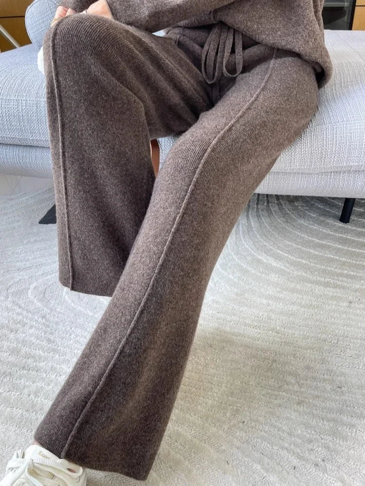 Knitted High Waist Wide Leg Pants - Autumn Winter Straight Trousers