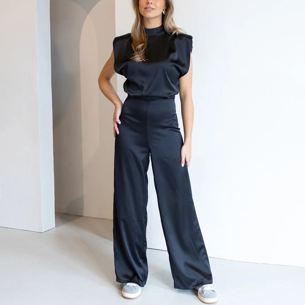 Satin Halter Wide Leg Jumpsuit - Backless Zipper Summer Outfit