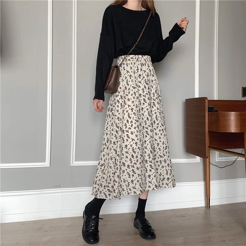 Vintage Floral Pleated Midi Skirt - Drawstring Elastic Waist Summer Skirt