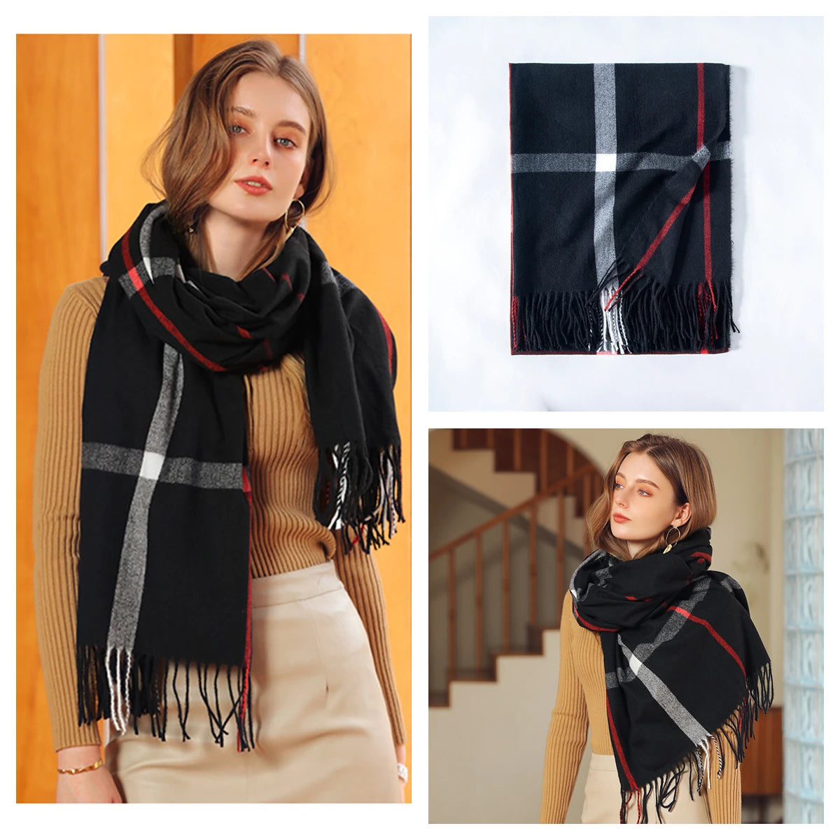 Classic Plaid Blanket Scarf - Cashmere-Feel Large Warm Shawl