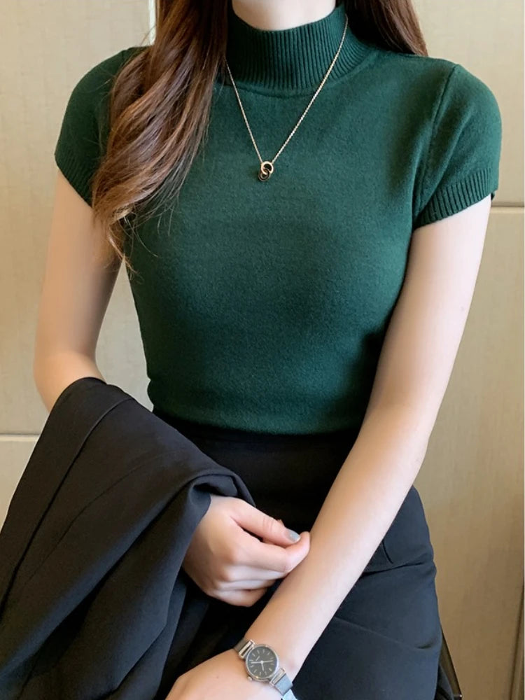 Half High Neck Stretch Top - Korean Solid Short Sleeve Shirt