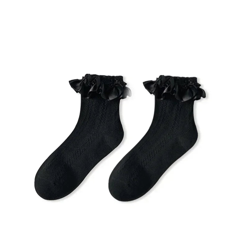 Lace Bow Ruffle Socks - Japanese Lolita Mid Tube Stockings