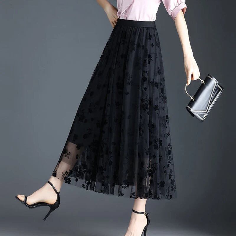 Korean Floral Tulle Midi Skirt - Elegant Mesh Casual Summer Skirt