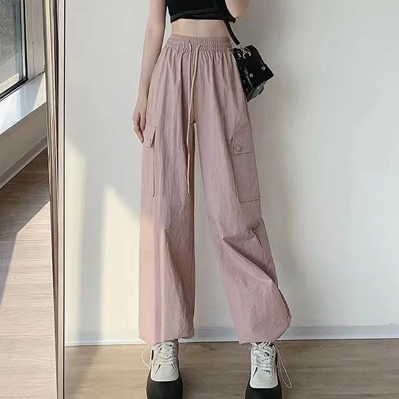 Big Pocket Wide Leg Cargo Pants - Elastic Waist Street Trousers