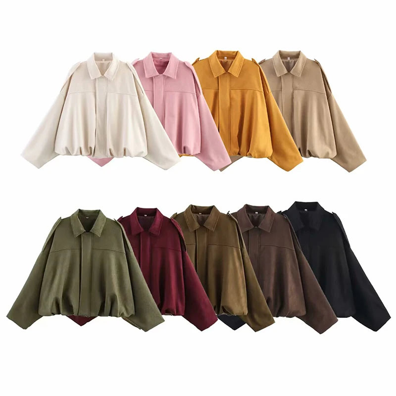 Suede Textured Bomber Jacket - Loose Lapel Casual Outerwear