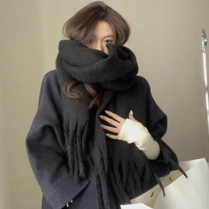Soft Solid Winter Scarf - Long Tassel Mohair-Feel Wrap