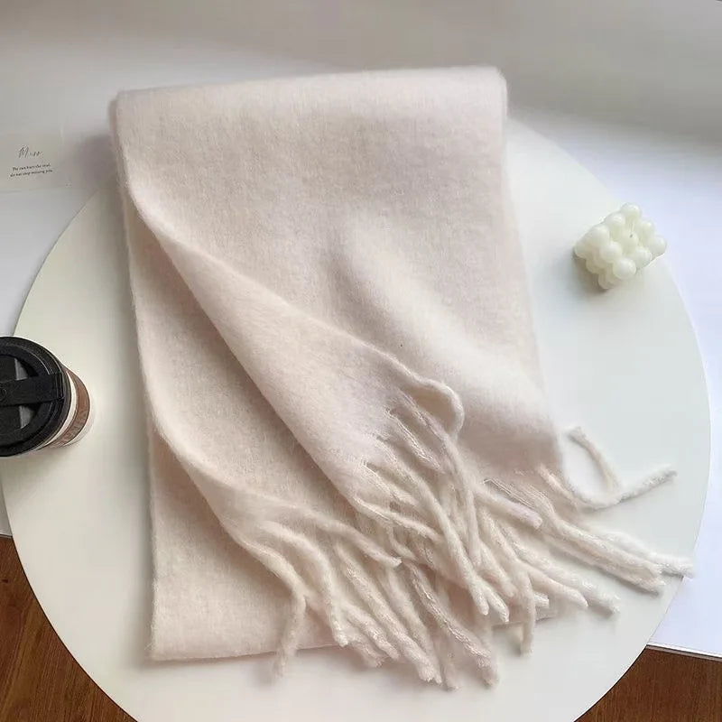 Soft Solid Winter Scarf - Long Tassel Mohair-Feel Wrap