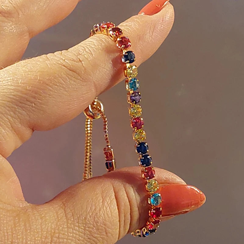 Adjustable Rainbow Zircon Tennis Bracelet - Colorful Wedding Hand Chain