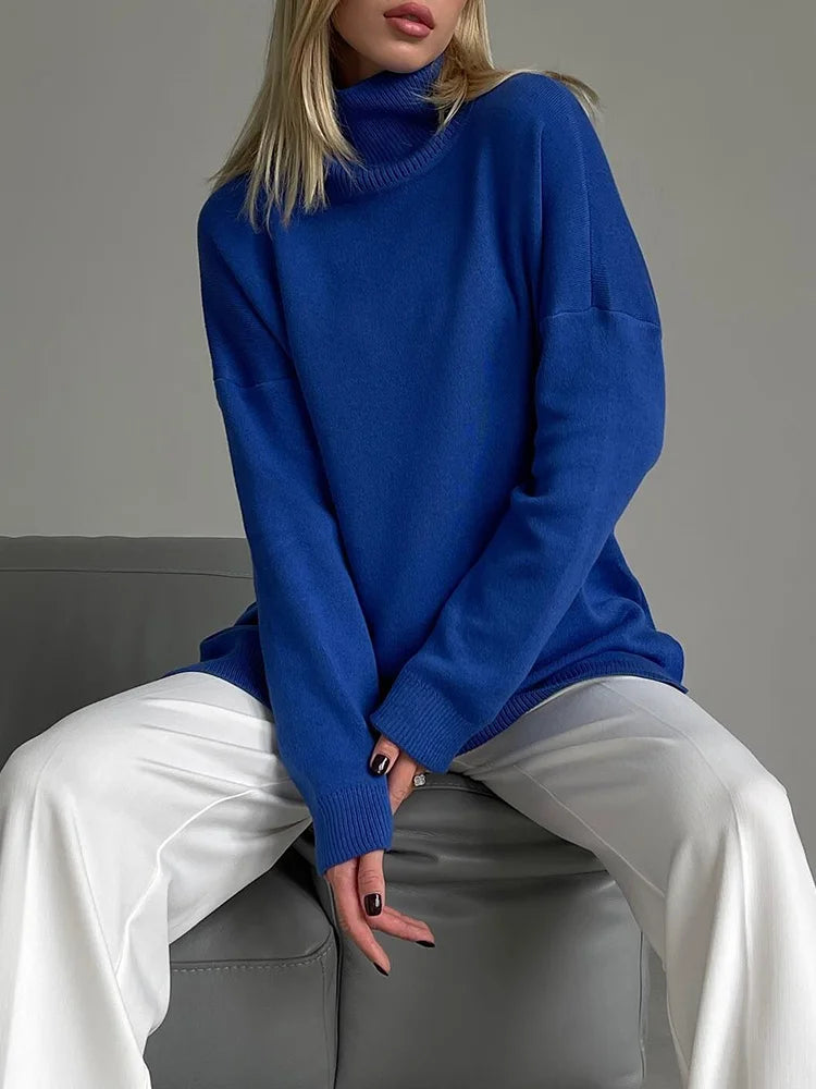 Side Split Turtleneck Sweater - Oversize Knitted Autumn Pullover