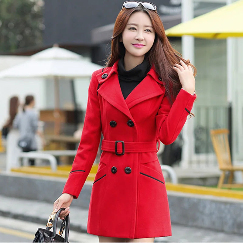 Slim Double Breasted Woolen Coat - Long Belted Winter Jacket