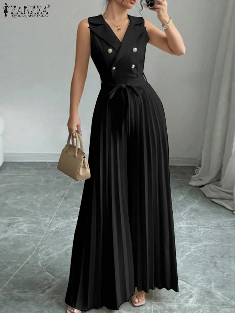 ZANZEA V Neck Pleated Jumpsuit - Sleeveless Wide Leg Workwear