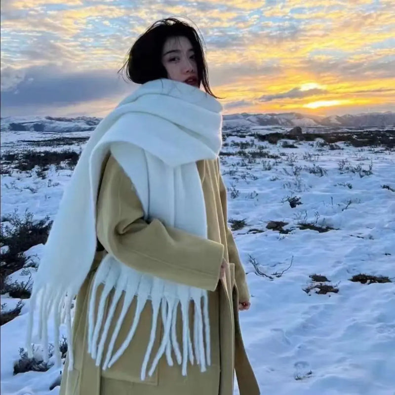 Soft Solid Winter Scarf - Long Tassel Mohair-Feel Wrap