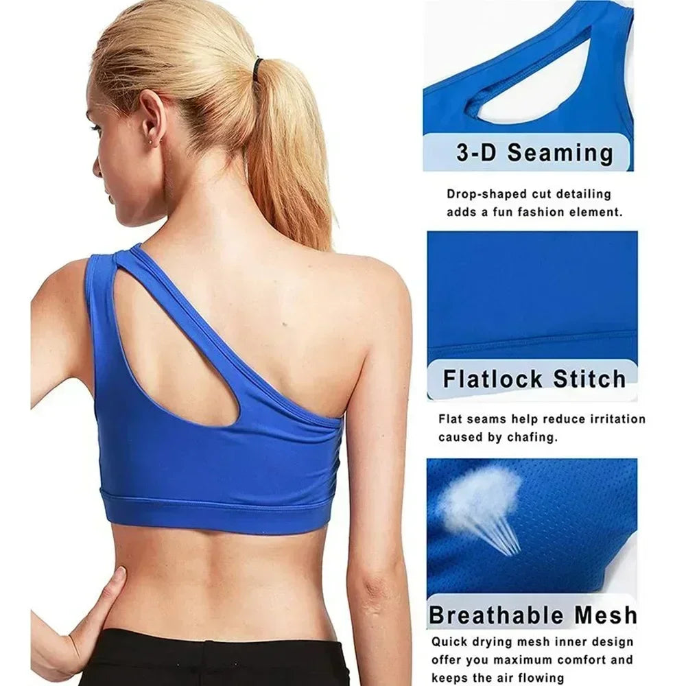 One Shoulder Yoga Sports Bra - Wire Free Push Up Crop Top