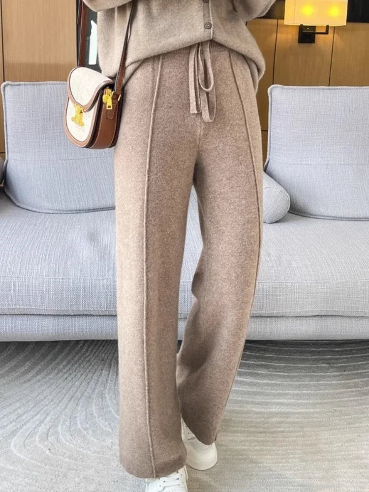 Knitted High Waist Wide Leg Pants - Autumn Winter Straight Trousers
