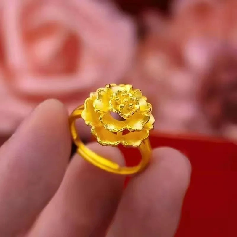 24K Gold Blooming Flower Ring - AU999 Gilt Statement Jewelry
