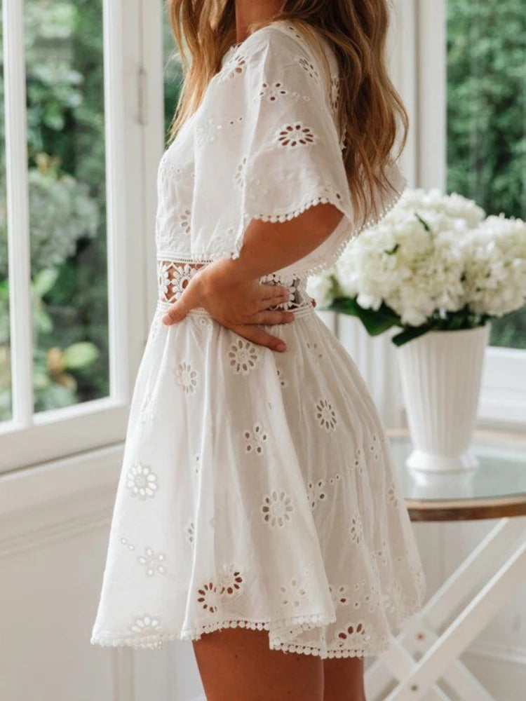 White Embroidered Backless Mini Dress - Hollow Out Cotton Party Outfit