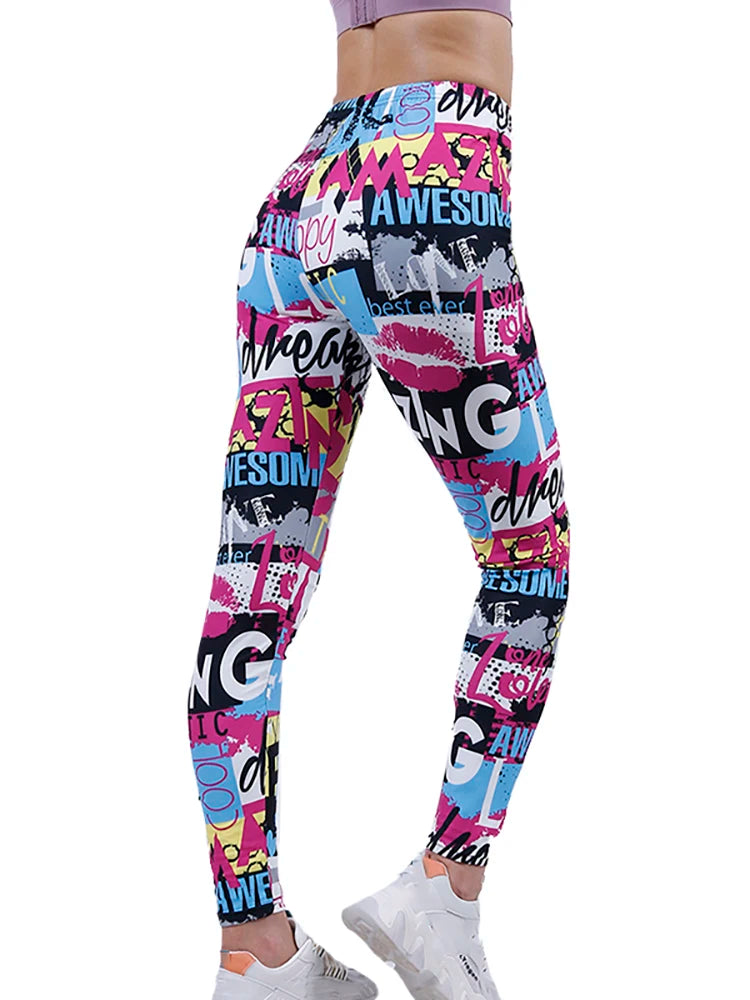 Graffiti Floral Print Leggings - Stretch Ankle-Length Everyday Tights