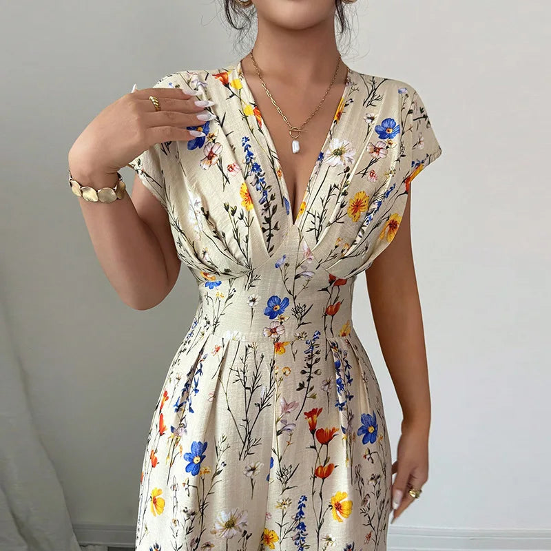Floral Short Sleeve Jumpsuit - High Waist Straight Leg Summer Outfit