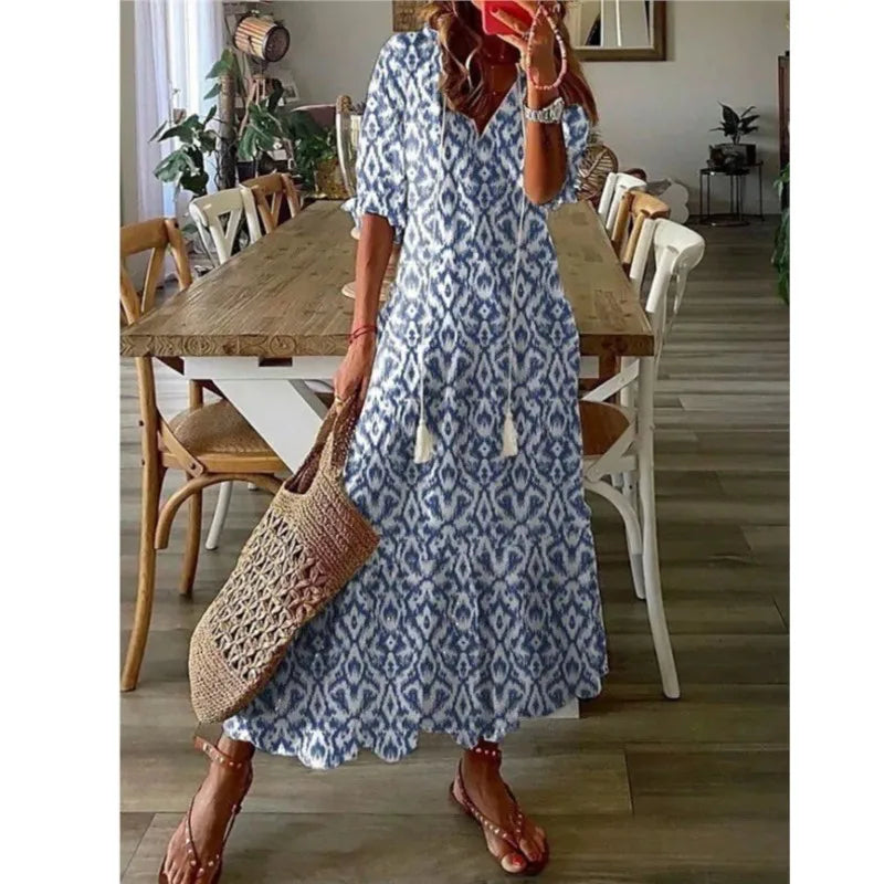 Bohemian Floral V Neck Maxi Dress - Drawstring Beach Vacation Outfit