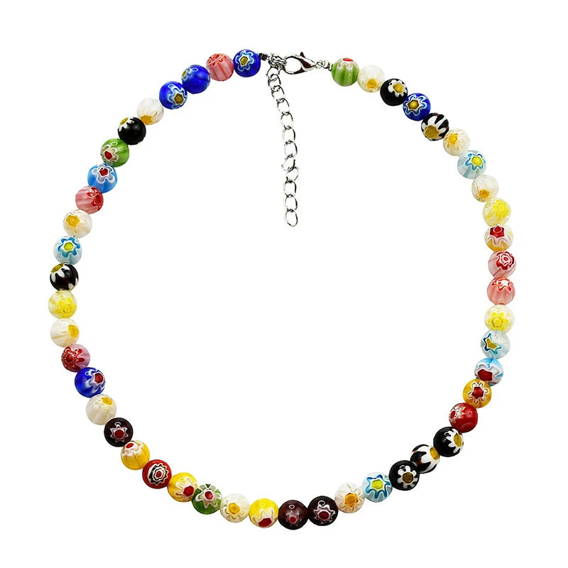 Multicolor Glass Bead Short Necklace - Boho Spring Summer Jewelry