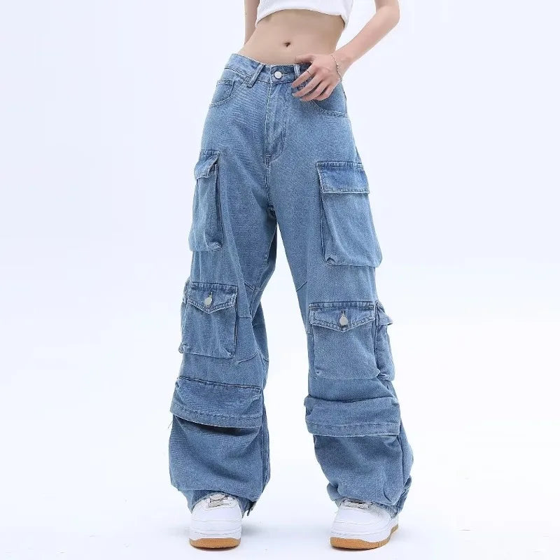 Y2K Multi-Pocket Cargo Jeans - Blue Washed Wide Leg Denim