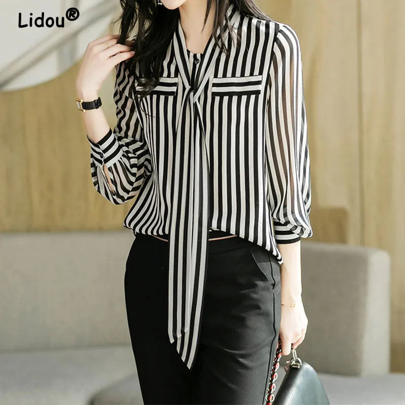 Striped Bow Collar Blouse - Long Sleeve Office Lady Shirt