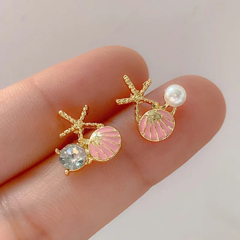 Shell Starfish Stud Earrings - Asymmetric Pearl Rhinestone Jewelry