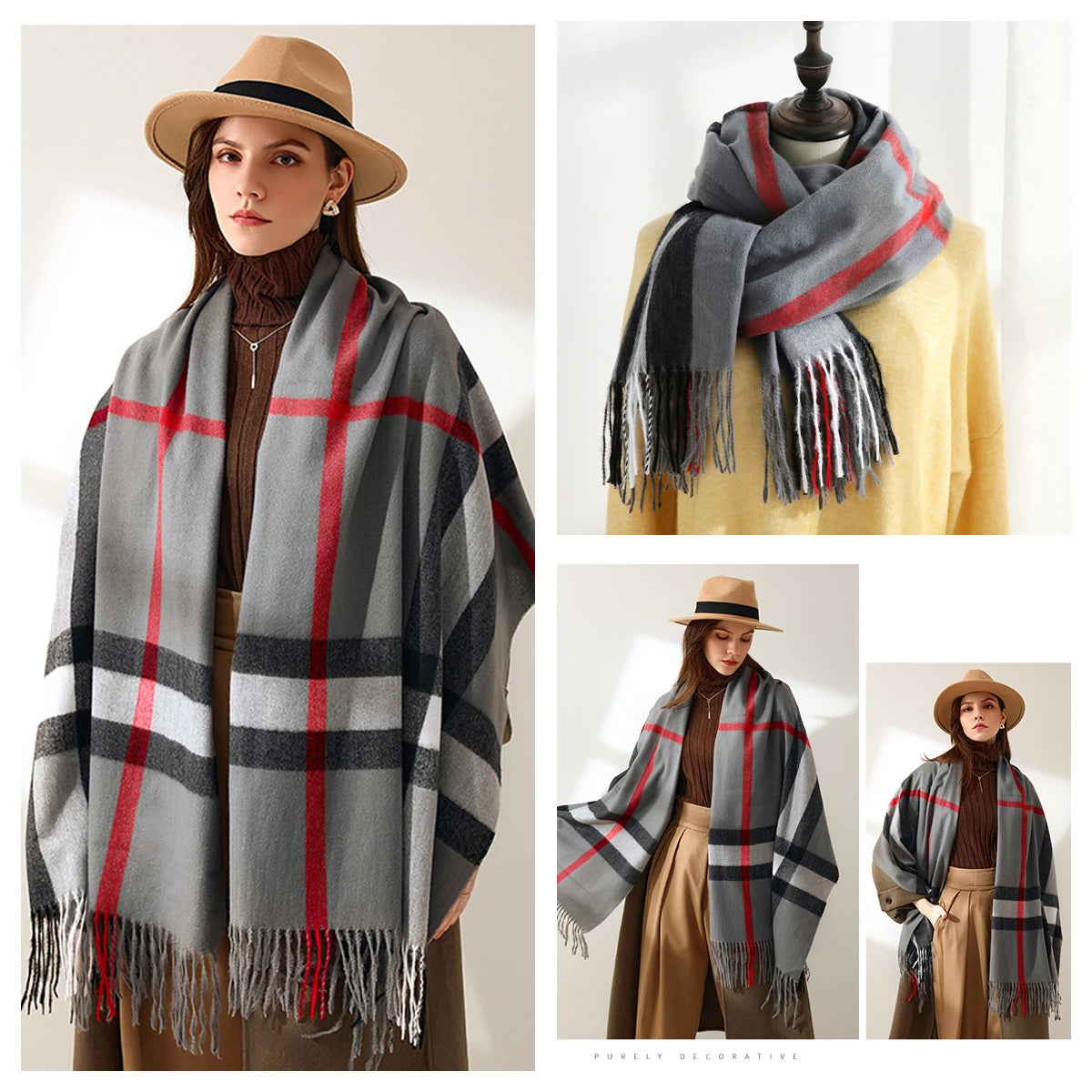 Classic Plaid Blanket Scarf - Cashmere-Feel Large Warm Shawl