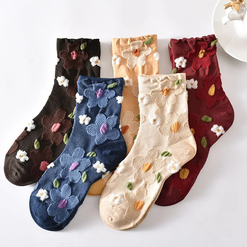 Floral Embossed Knit Socks - Retro Harajuku 5 Pair Style