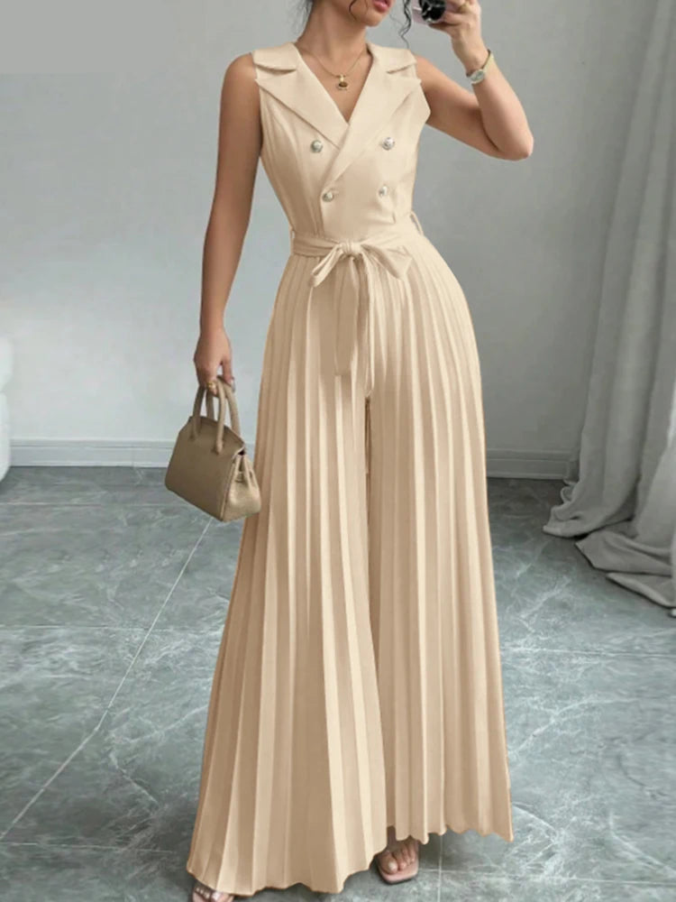 ZANZEA V Neck Pleated Jumpsuit - Sleeveless Wide Leg Workwear