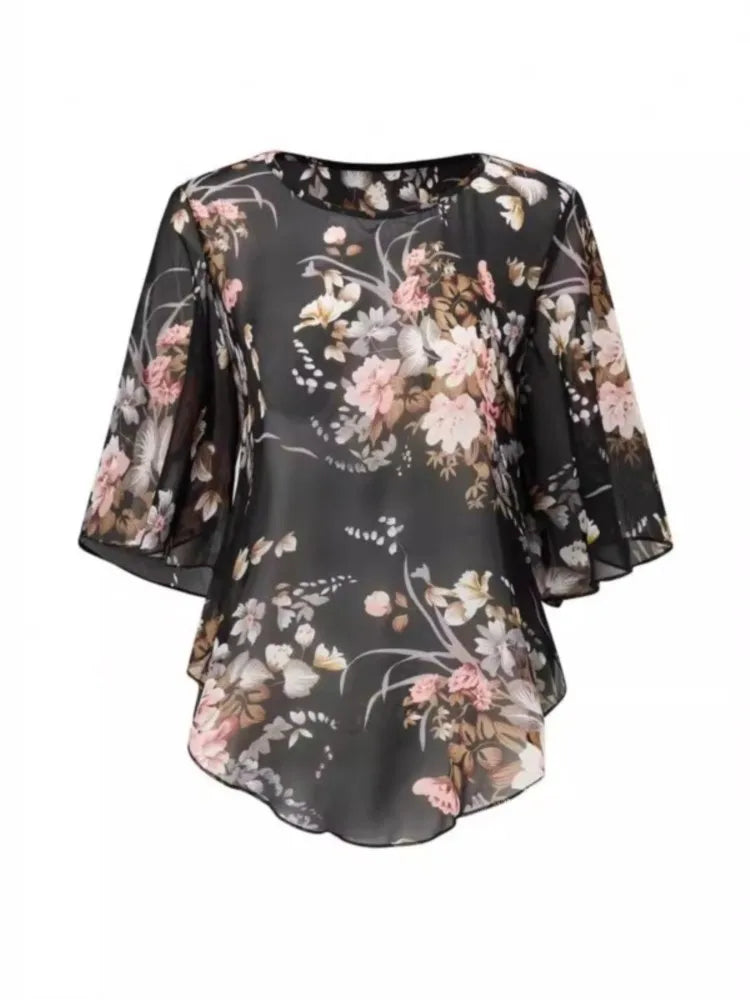 Floral Chiffon Bat Sleeve Blouse - Sheer Loose Vintage Top