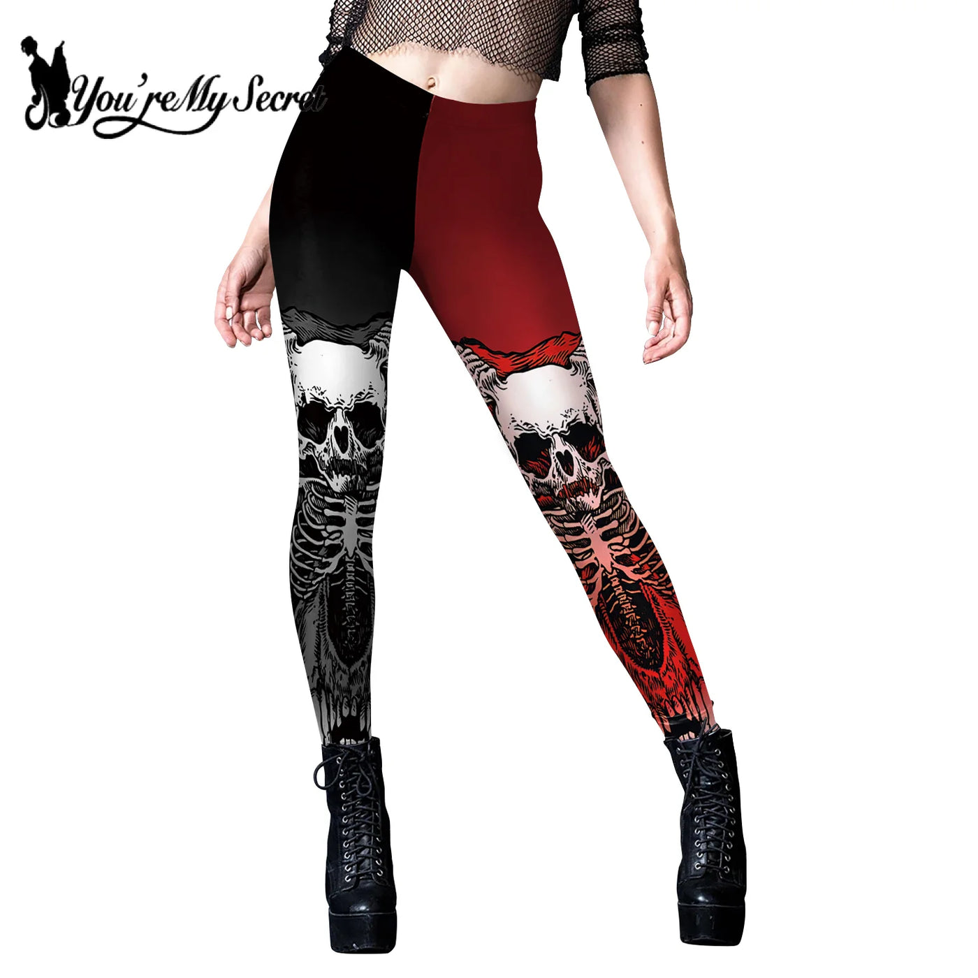 Halloween Skeleton Print Leggings - Gothic Punk Stretch Tights