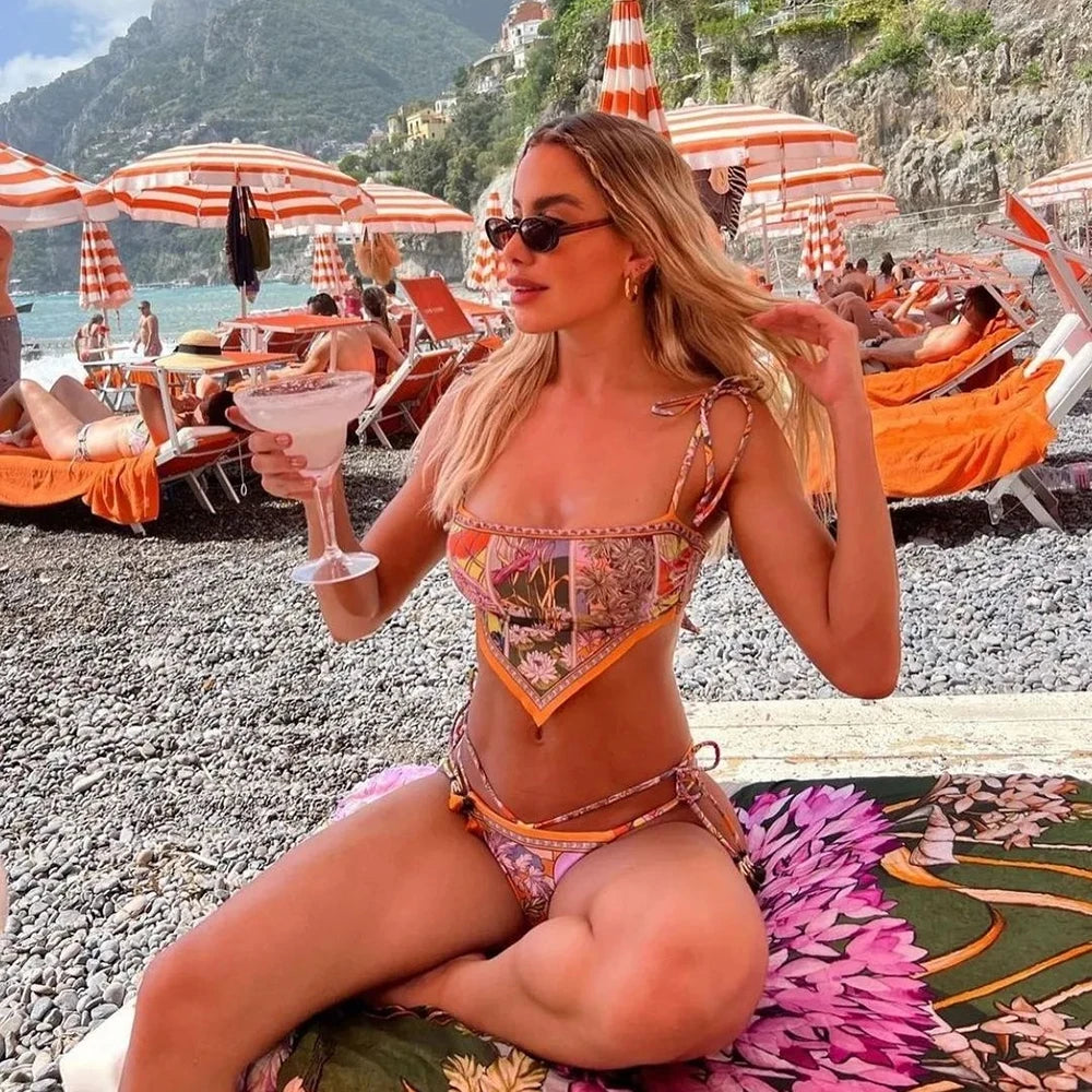 Print Halter Brazilian Bikini Set - Wire Free Backless Swimwear