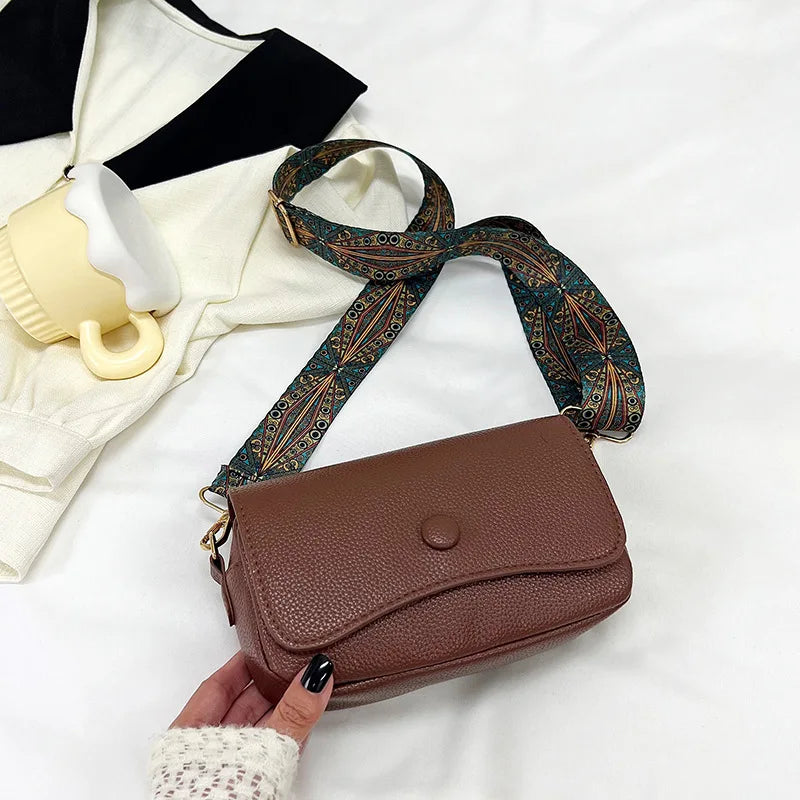 Wide Strap PU Leather Crossbody Bag - Small Flap Shoulder Purse
