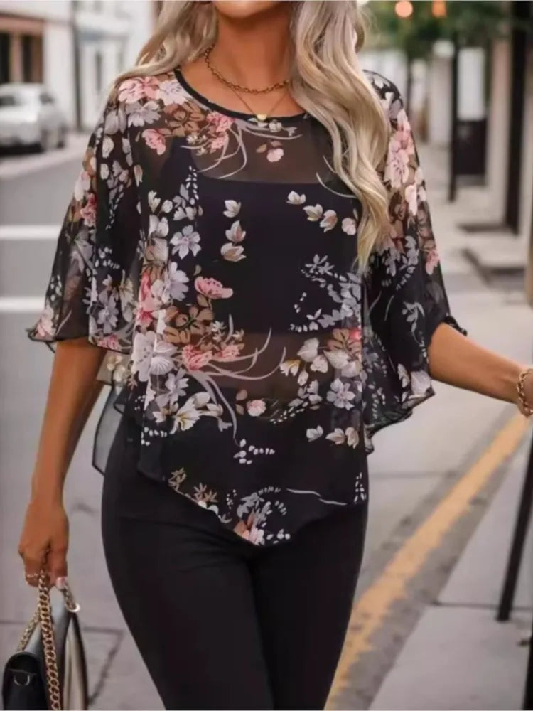 Floral Chiffon Bat Sleeve Blouse - Sheer Loose Vintage Top