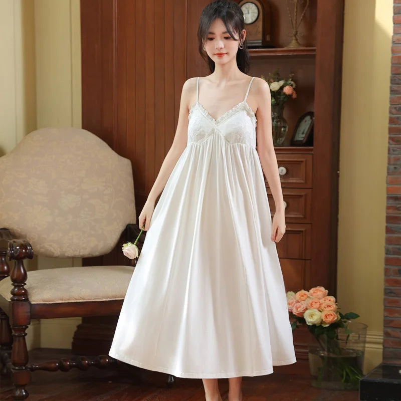 Embroidered Lace Cotton Nightdress - Palace Style Sling Sleepwear