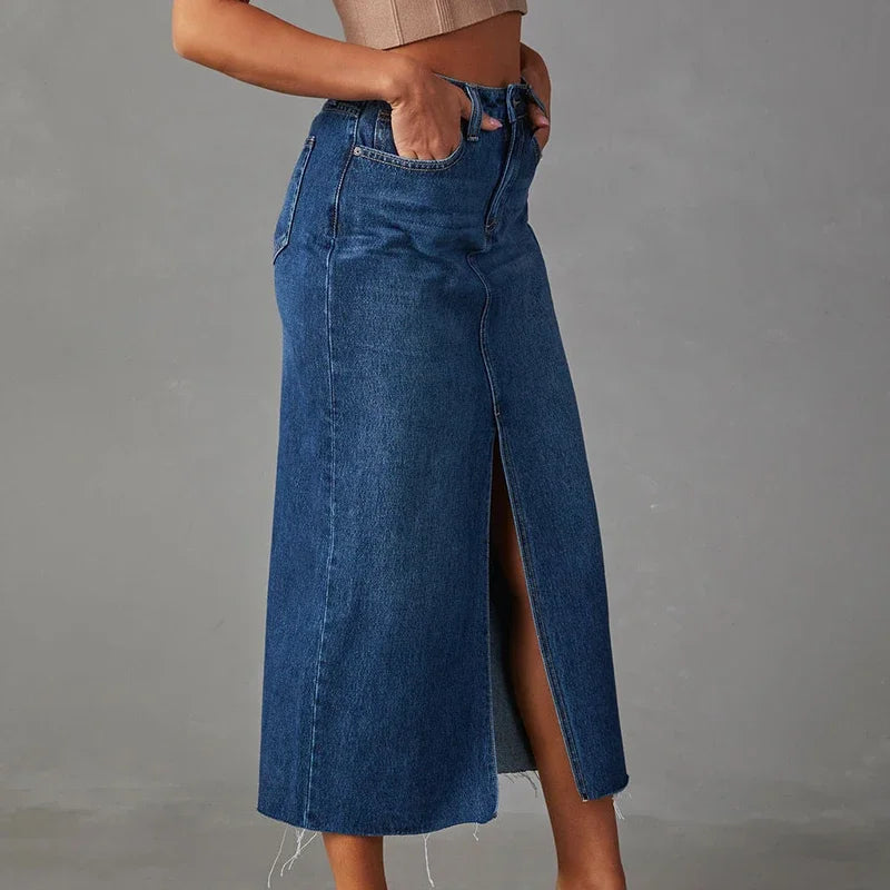 Washed Denim A-Line Midi Skirt - High Waist Split Vintage Long Skirt