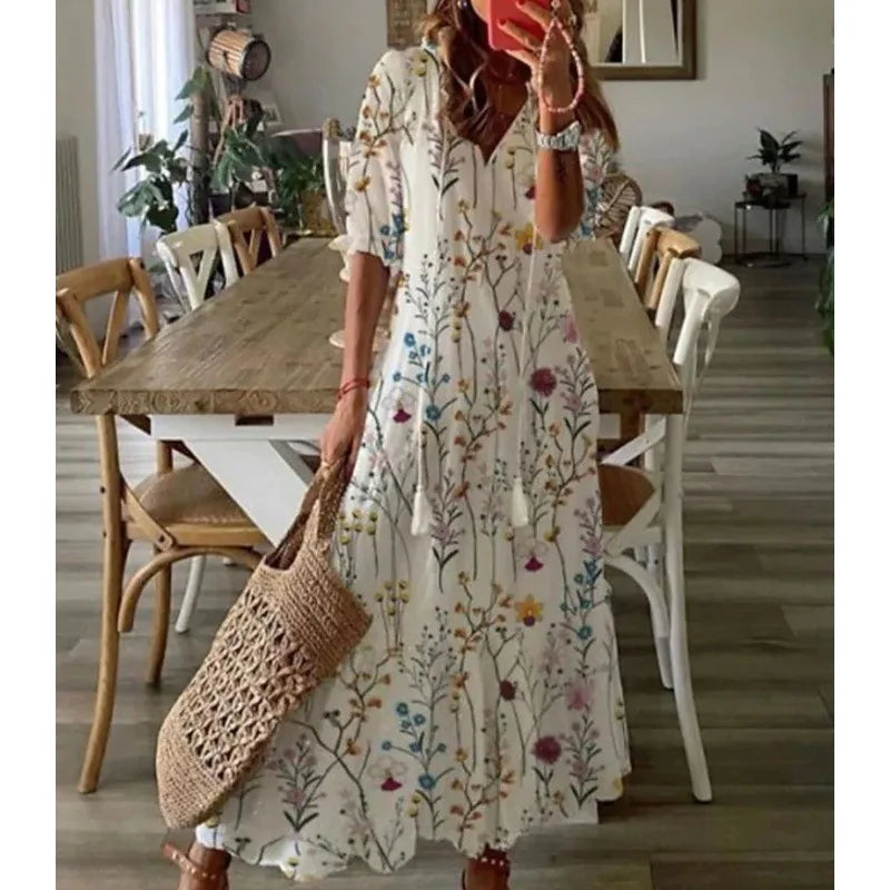 Bohemian Floral V Neck Maxi Dress - Drawstring Beach Vacation Outfit